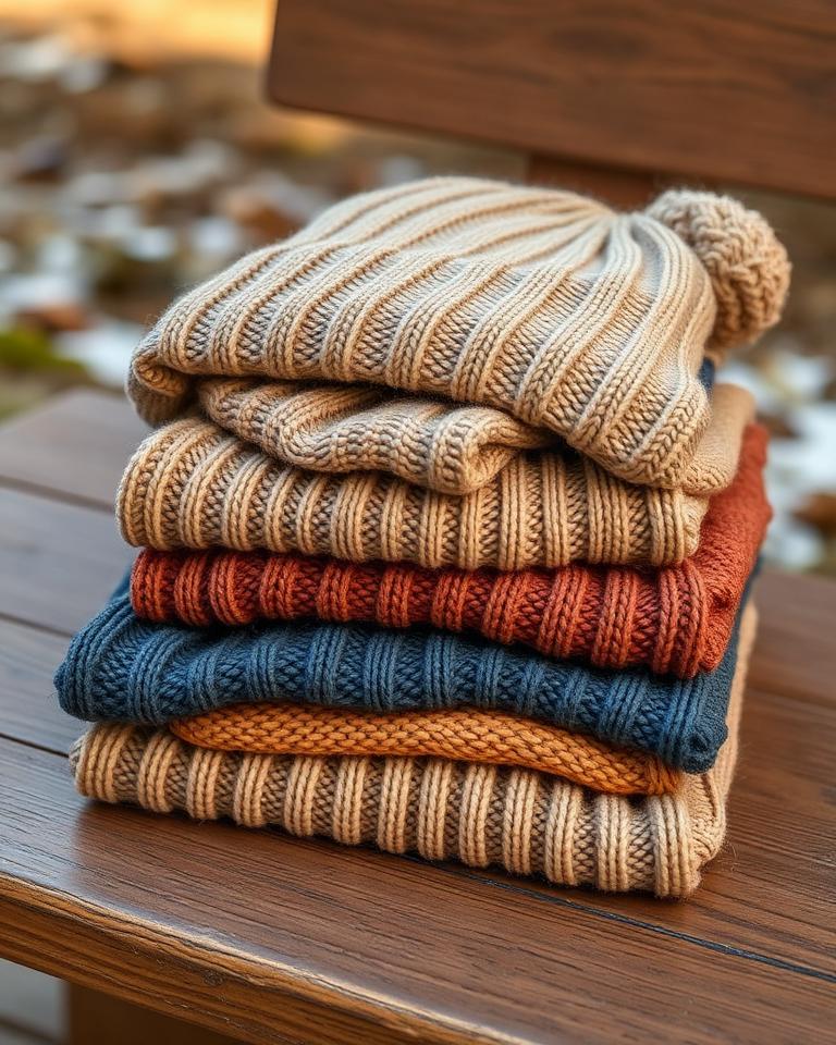 A folded stack of warm knitted winter clothing