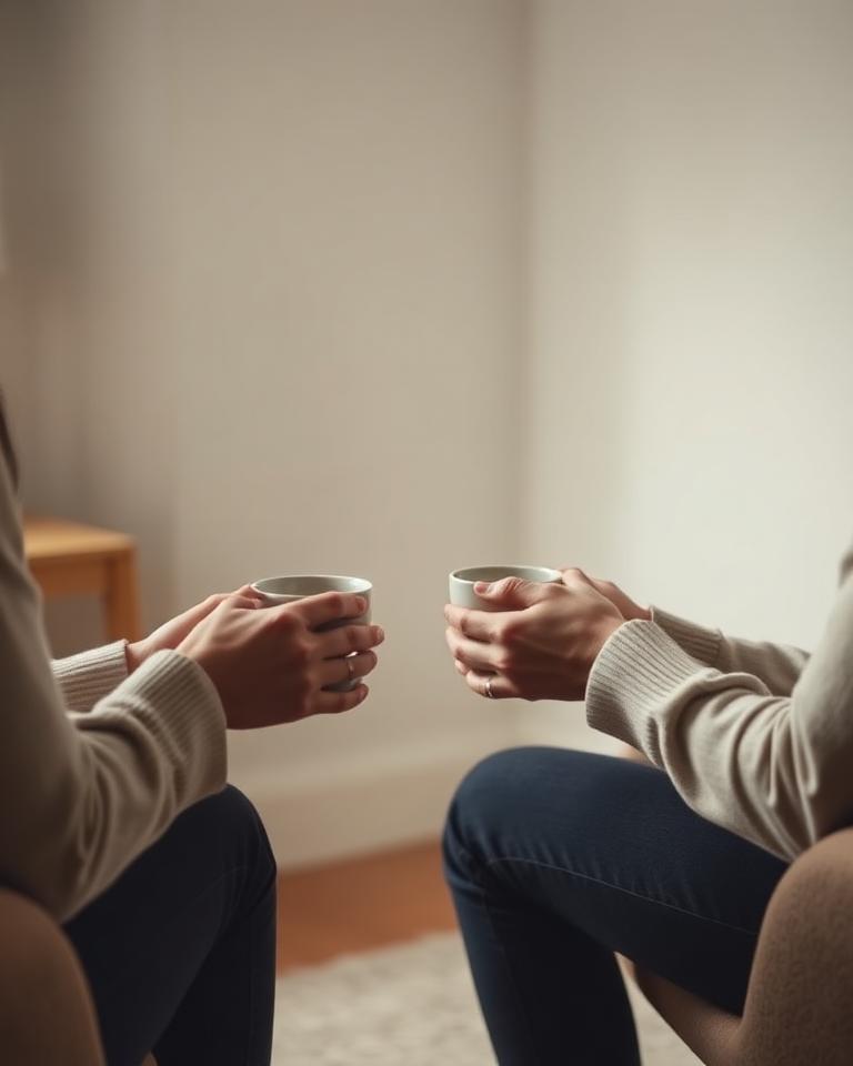 Two people sat opposite each other holding mugs of tea