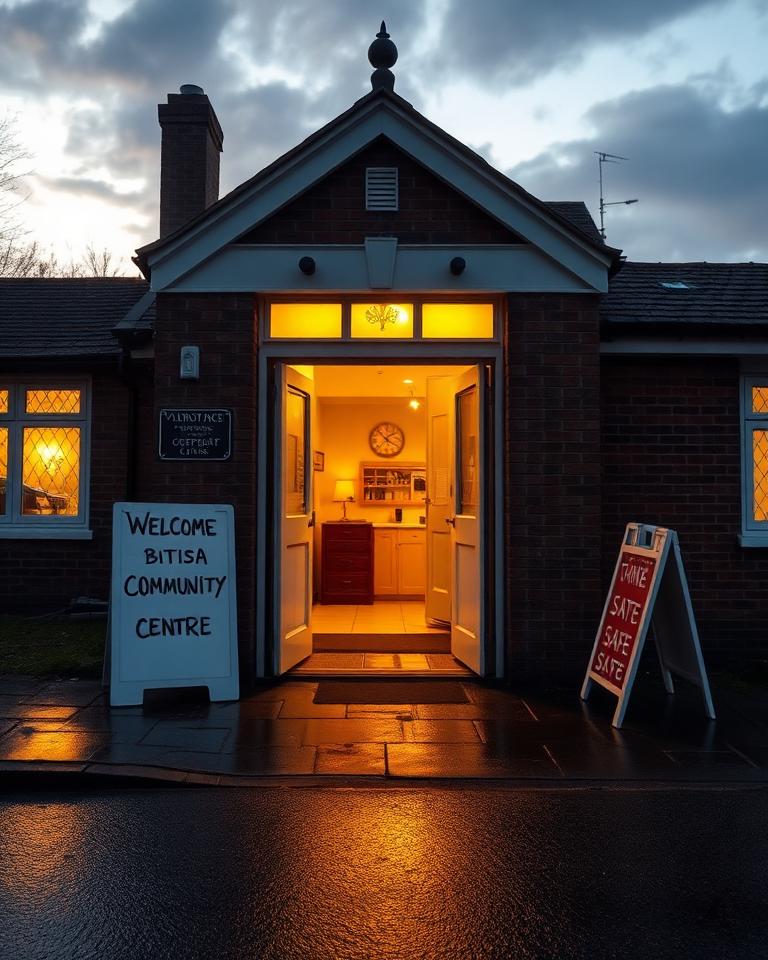 A warmly lit community centre doorway at dusk